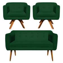 Kit 01 Namoradeira 02 Lugares e 02 Poltronas Giratória Julia Suede Verde Base Madeira MM30 D'Rossi