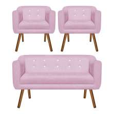 Kit 01 Namoradeira 02 Lugares e 02 Poltronas Julia Suede Rosa Bebê com Strass Pés Palito Castanho D'Rossi