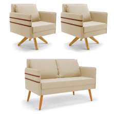 Kit 01 Namoradeira 02 Lugares e 02 Poltronas Mari Suede Bege Base de Madeira MA30 - D'Rossi