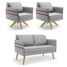 Kit 01 Namoradeira 02 Lugares e 02 Poltronas Mari Suede Cinza Base de Madeira MA30 - D'Rossi