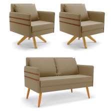 Kit 01 Namoradeira 02 Lugares e 02 Poltronas Mari Suede Marrom Rato Base de Madeira MA30 - D'Rossi