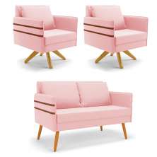 Kit 01 Namoradeira 02 Lugares e 02 Poltronas Mari Suede Rosa Bebê Base de Madeira MA30 - D'Rossi