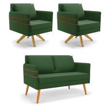 Kit 01 Namoradeira 02 Lugares e 02 Poltronas Mari Suede Verde Base de Madeira MA30 - D'Rossi