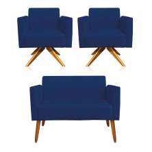 Kit 01 Namoradeira 02 Lugares e 02 Poltronas Marisa Suede Azul Marinho Base Giratória Madeira MA30 D'Rossi