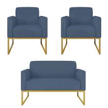 Kit 01 Namoradeira 02 Lugares e 02 Poltronas Marisa Suede Azul Marinho Base Industrial Metálica Dourado D'Rossi