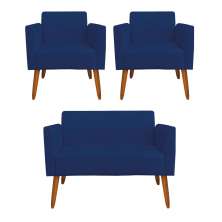 Kit 01 Namoradeira 02 Lugares e 02 Poltronas Marisa Suede Azul Marinho Pés Palito Castanho D'Rossi