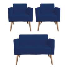 Kit 01 Namoradeira 02 Lugares e 02 Poltronas Marisa Suede Azul Marinho Pés Palito Natural D'Rossi