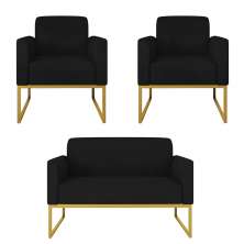 Kit 01 Namoradeira 02 Lugares e 02 Poltronas Marisa Suede Preto Base Industrial Metálica Dourado D'Rossi