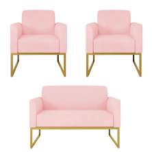 Kit 01 Namoradeira 02 Lugares e 02 Poltronas Marisa Suede Rosa Bebê Base Industrial Metálica Dourado D'Rossi