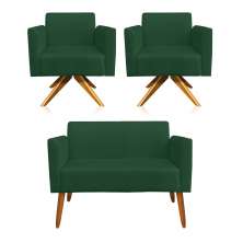 Kit 01 Namoradeira 02 Lugares e 02 Poltronas Marisa Suede Verde Base Giratória Madeira MA30 D'Rossi
