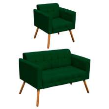 Kit 01 Namoradeira e 01 Poltrona Elisa Suede Verde Pés Palito Castanho D'Rossi