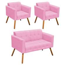 Kit 01 Namoradeira e 02 Poltronas Elisa Suede Rosa Bebê Pés Palito Castanho D'Rossi