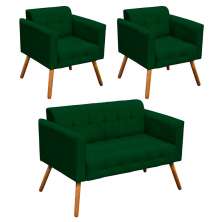Kit 01 Namoradeira e 02 Poltronas Elisa Suede Verde Pés Palito Castanho D'Rossi