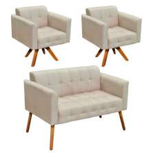 Kit 01 Namoradeira e 02 Poltronas Giratória Elisa Suede Base Madeira MM30 D'Rossi