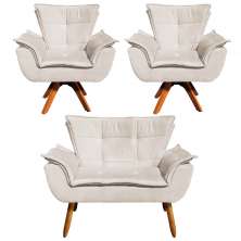 Kit 01 Namoradeira e 02 Poltronas Giratória Opala Suede Base Madeira MM30 D'Rossi