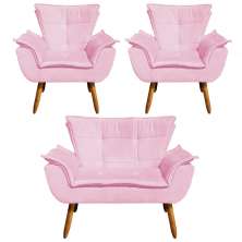 Kit 01 Namoradeira e 02 Poltronas Opala Suede Rosa Bebê Pés Palito Castanho D'Rossi