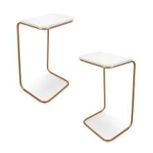 Kit 02 Mesas Lateral Tampo Branco Multiuso para Sofá Base Dourado D'Rossi
