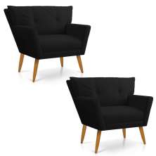 Kit 02 Poltronas Anitta Linho Preto A79 Pés Palito Castanho - D'Rossi