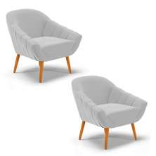 Kit 02 Poltronas Giovana Suede Cinza Pés Palito Castanho - D'Rossi