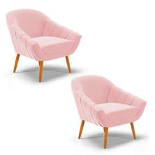 Kit 02 Poltronas Giovana Suede Rosa Bebê Pés Palito Castanho - D'Rossi