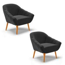 Kit 02 Poltronas Giovana Veludo Preto Pés Palito Castanho - D'Rossi