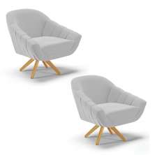Kit 02 Poltronas Giratória Giovana Suede Cinza Base Madeira MA30 - D'Rossi