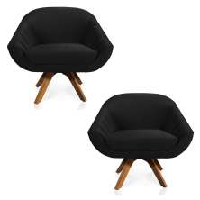Kit 02 Poltronas Giratória Giovana Veludo Preto Base Madeira MM30 - D'Rossi