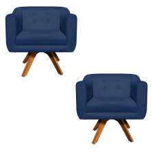 Kit 02 Poltronas Giratória Julia Suede Azul Marinho Base Madeira MM30 D'Rossi