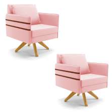 Kit 02 Poltronas Giratória Mari Suede Rosa Bebê Base de Madeira MA30 - D'Rossi