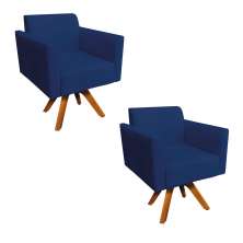 Kit 02 Poltronas Giratória Marisa Suede Azul Marinho Base Madeira MM30 D'Rossi