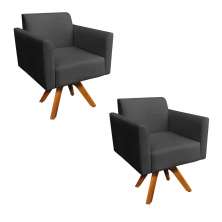Kit 02 Poltronas Giratória Marisa Suede Preto Base Madeira MM30 D'Rossi