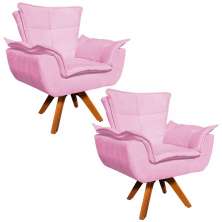 Kit 02 Poltronas Giratória Opala Suede Rosa Bebe Base Madeira MM30 D'Rossi