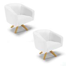 Kit 02 Poltronas Giratória Stella Corino Branco Base Madeira MA30 - D'Rossi