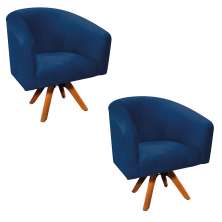 Kit 02 Poltronas Giratória Stella Suede Azul Marinho Base Madeira MM30 - D'Rossi