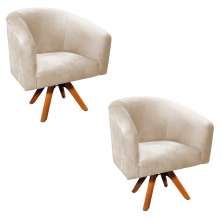 Kit 02 Poltronas Giratória Stella Suede Bege Base Madeira MM30 - D'Rossi