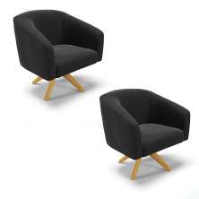 Kit 02 Poltronas Giratória Stella Suede Preto Base Madeira MA30 - D'Rossi