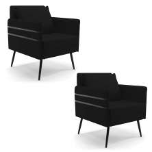 Kit 02 Poltronas Mari Linho Preto A79 Pés Palito de Ferro Preto - D'Rossi