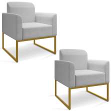 Kit 02 Poltronas Marisa Linho Cinza A05 Base Industrial Metálica Dourado - D'Rossi