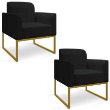 Kit 02 Poltronas Marisa Linho Preto A79 Base Industrial Metálica Dourado - D'Rossi