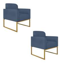 Kit 02 Poltronas Marisa Suede Azul Marinho Base Industrial Metálica Dourado D'Rossi