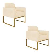Kit 02 Poltronas Marisa Suede Bege Base Industrial Metálica Dourado D'Rossi