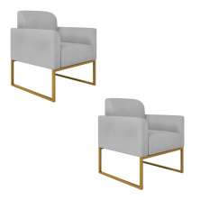 Kit 02 Poltronas Marisa Suede Cinza Base Industrial Metálica Dourado D'Rossi