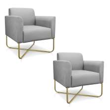 Kit 02 Poltronas Marisa Suede Cinza Base X Industrial Dourado - D'Rossi