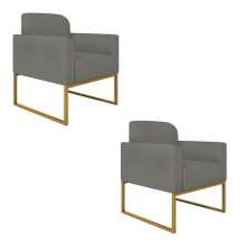 Kit 02 Poltronas Marisa Suede Grafite Base Industrial Metálica Dourado D'Rossi
