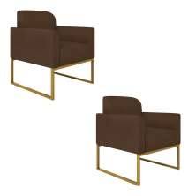 Kit 02 Poltronas Marisa Suede Marrom Base Industrial Metálica Dourado D'Rossi