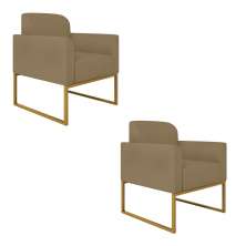 Kit 02 Poltronas Marisa Suede Marrom Rato Base Industrial Metálica Dourado D'Rossi
