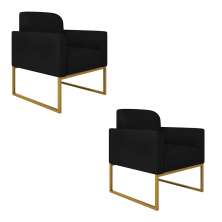 Kit 02 Poltronas Marisa Suede Preto Base Industrial Metálica Dourado D'Rossi