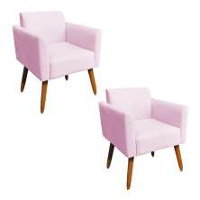Kit 02 Poltronas Marisa Suede Rosa Bebê Pés Palito Castanho D'Rossi