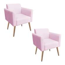 Kit 02 Poltronas Marisa Suede Rosa Bebê Pés Palito Natural D'Rossi