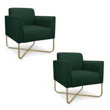 Kit 02 Poltronas Marisa Suede Verde Base X Industrial Dourado - D'Rossi